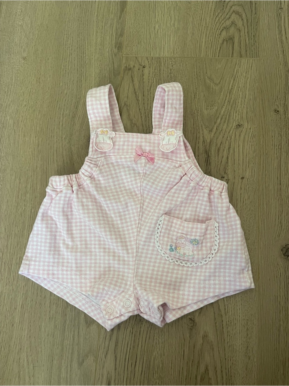 VINTAGE Sesame Street Pink Gingham Baby Romper with Embroidered Pocket (3/6 mo)